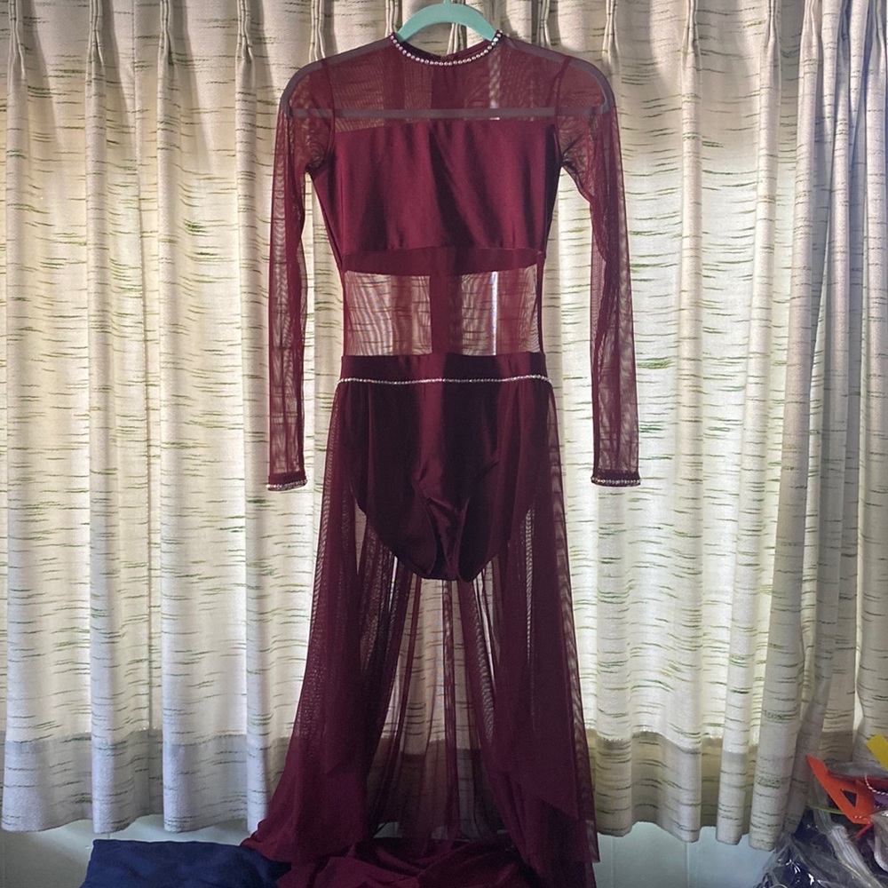 Burgundy one piece dance costume with custom rhinestones